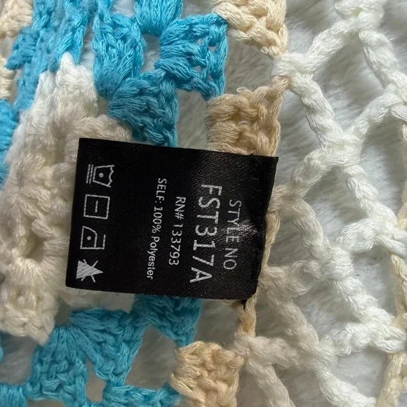 POL OS Crochet Granny Square Duster Cardigan Blue White Fringe Boho Coverup Y2K - Picture 10 of 10